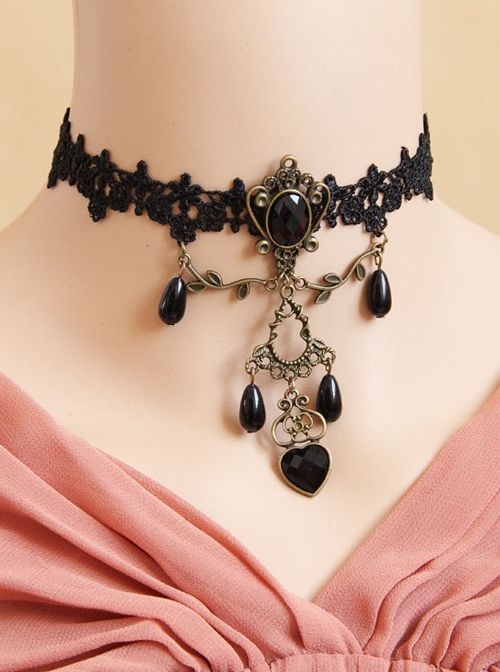 Bride Bridesmaid Handmade Retro Fashion Gothic Black Lace Flower Love Drop Diamond Female Choker