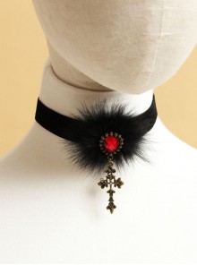 Fashion Retro Gothic Black Cross Fox Fur Ruby Velvet Rope All-Match Female Short Necklace