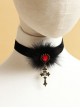 Fashion Retro Gothic Black Cross Fox Fur Ruby Velvet Rope All-Match Female Short Necklace