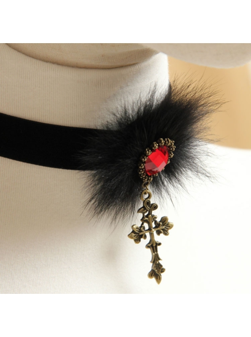Fashion Retro Gothic Black Cross Fox Fur Ruby Velvet Rope All-Match Female Short Necklace