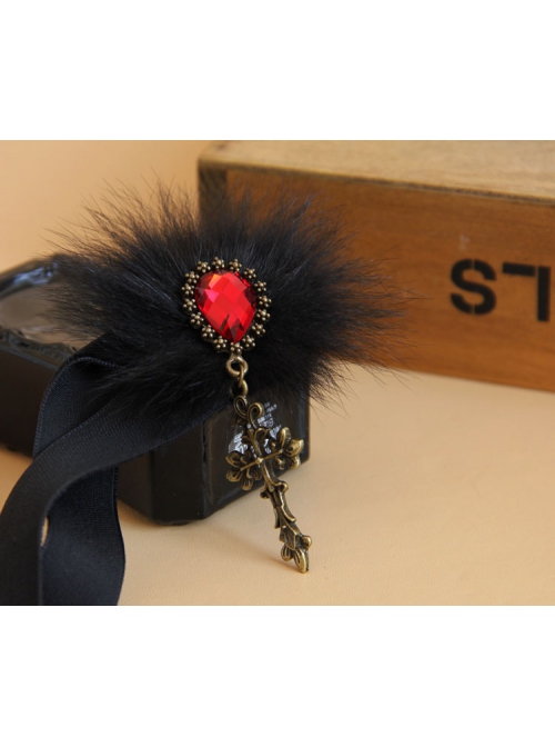 Fashion Retro Gothic Black Cross Fox Fur Ruby Velvet Rope All-Match Female Short Necklace