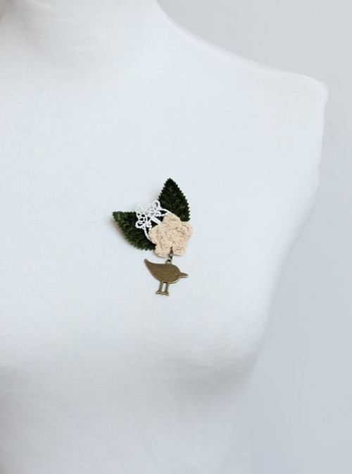 Retro Fashion Casual Bird Flower White Lace Green Leaf Female Small Brooch