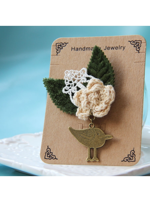 Retro Fashion Casual Bird Flower White Lace Green Leaf Female Small Brooch