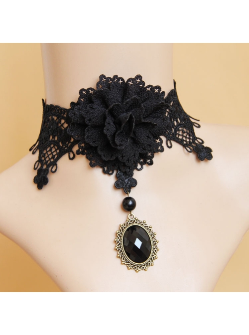 Prom Fashion Gothic Retro Black Lace Flowers Gems Female Choker