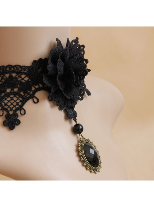 Prom Fashion Gothic Retro Black Lace Flowers Gems Female Choker