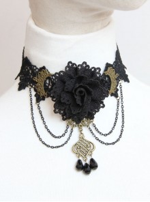 Prom Retro Gothic Black Lace Flower Tassel Tear Rhinestone Fashion Female Choker