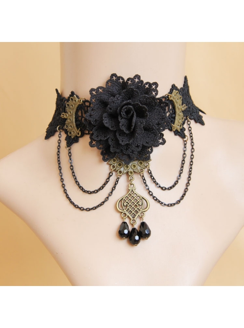 Prom Retro Gothic Black Lace Flower Tassel Tear Rhinestone Fashion Female Choker