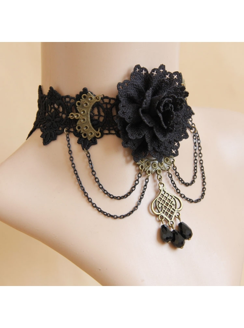 Prom Retro Gothic Black Lace Flower Tassel Tear Rhinestone Fashion Female Choker