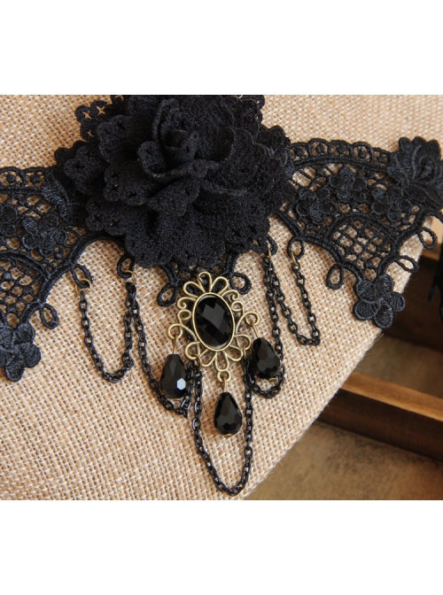 Prom Retro Gothic Black Lace Flower Tassel Tear Rhinestone Fashion Female Choker
