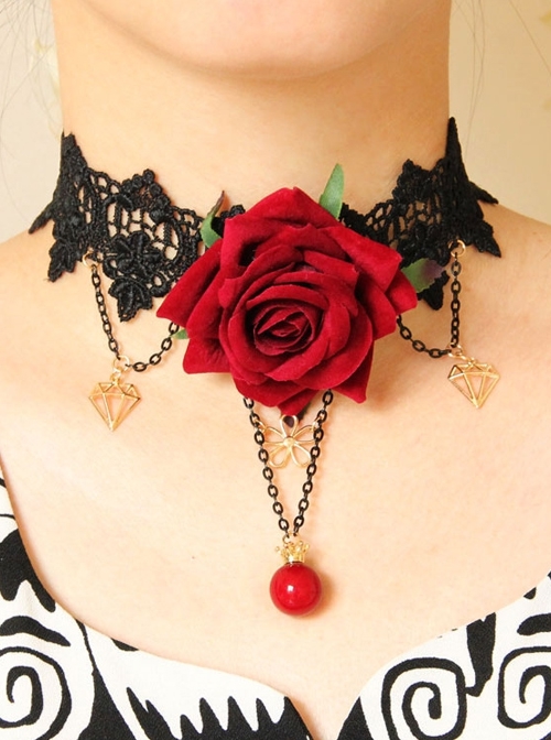 Fashion Retro Exaggerated Black Fox Fur White Lace Pearl Tassel Flower Female Choker