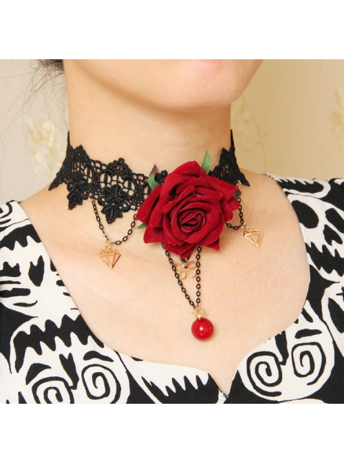 Fashion Retro Exaggerated Black Fox Fur White Lace Pearl Tassel Flower Female Choker