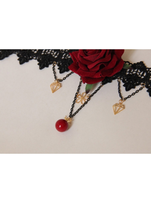 Fashion Retro Exaggerated Black Fox Fur White Lace Pearl Tassel Flower Female Choker