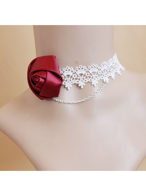 Bride Bridesmaid Wedding Dress Fashion Retro Red Rose Flower Fashion White Lace Female Choker