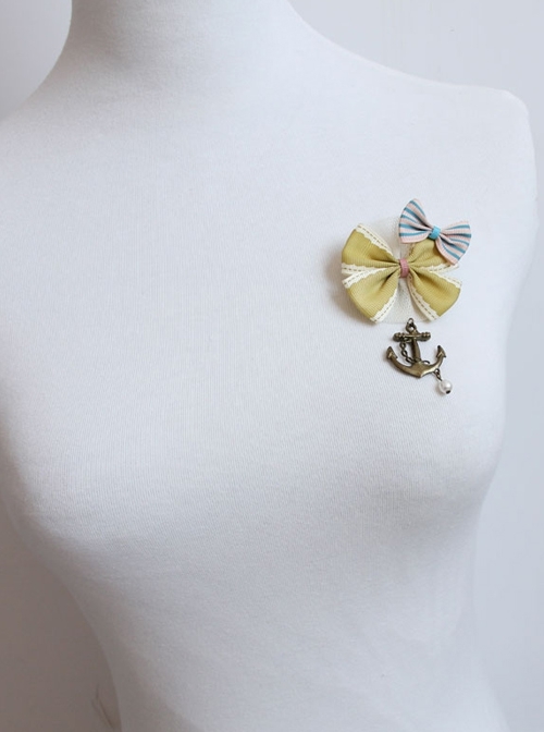 Navy Style Anchor Retro Fashion Yellow Pink Bow Pearl Female Fabric Brooch
