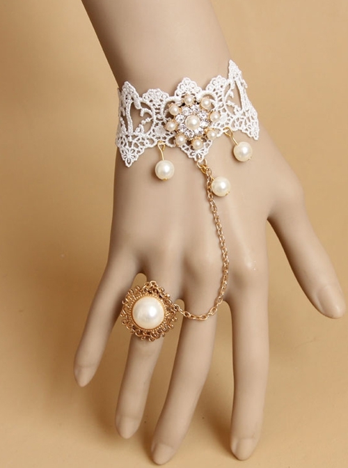 Personality Fashion Retro White Lace Pearl Rhinestone Female Bracelet With Ring One Chain