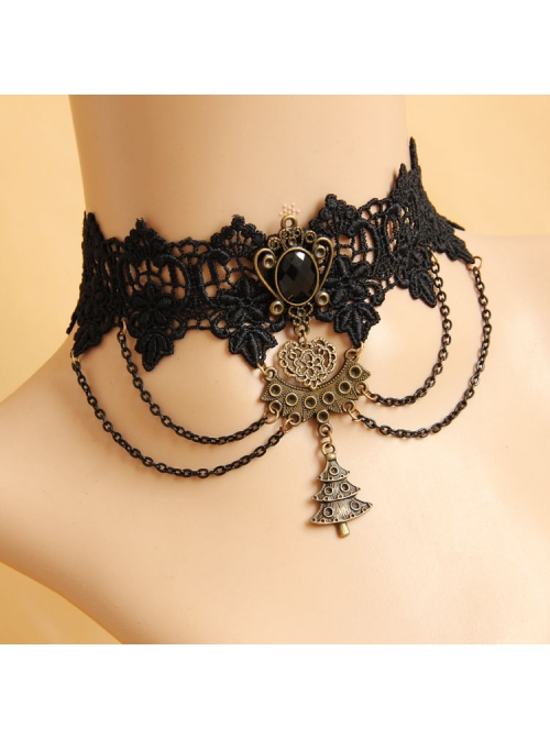 Fashion Retro Gothic Christmas Tree Black Lace Gems Tassel Female Choker