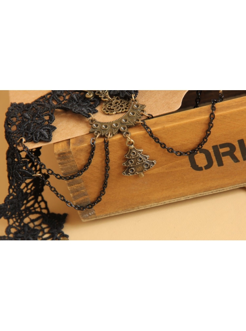 Fashion Retro Gothic Christmas Tree Black Lace Gems Tassel Female Choker
