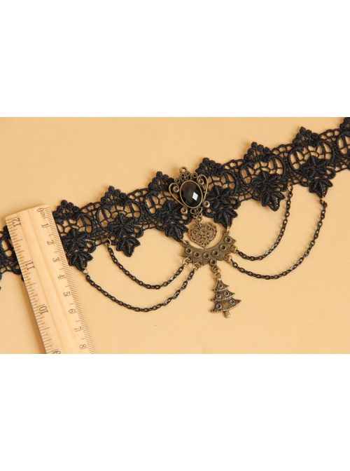 Fashion Retro Gothic Christmas Tree Black Lace Gems Tassel Female Choker