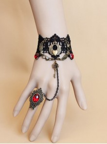 Handmade Retro Gothic Fashion Black Lace Heart-Shaped Wings Key Ruby Female Bracelet With Ring One Chain