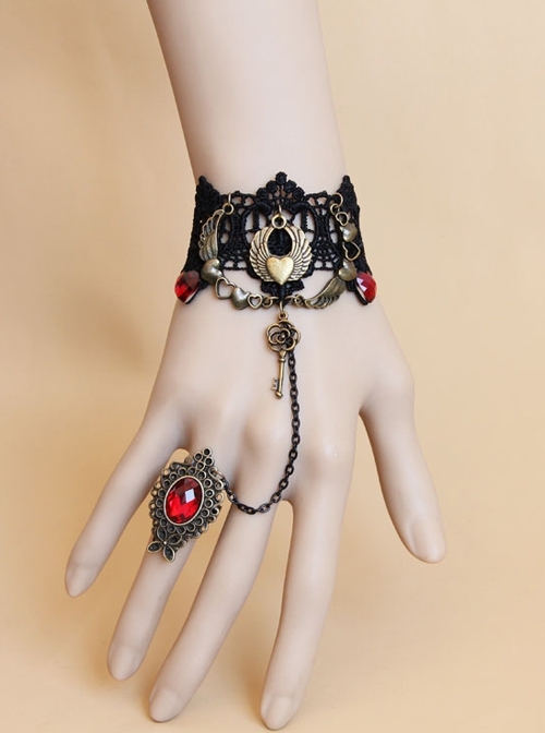 Handmade Retro Gothic Fashion Black Lace Heart-Shaped Wings Key Ruby Female Bracelet With Ring One Chain