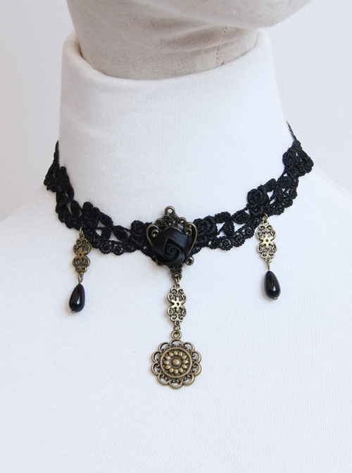 Fashion Retro Gothic Black Rose Flower Lace Drop Diamond Female Choker
