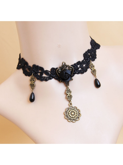 Fashion Retro Gothic Black Rose Flower Lace Drop Diamond Female Choker