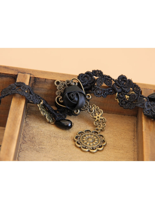 Fashion Retro Gothic Black Rose Flower Lace Drop Diamond Female Choker