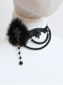 Prom Party Fashion Retro Gothic Black Lace Fox Fur Pearl Female Choker