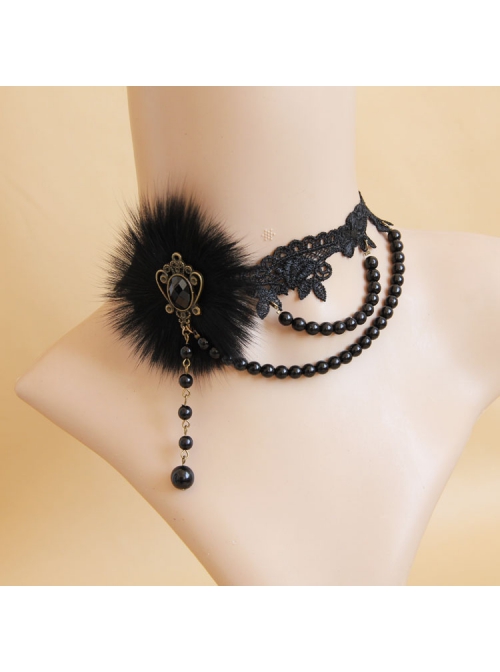 Prom Party Fashion Retro Gothic Black Lace Fox Fur Pearl Female Choker