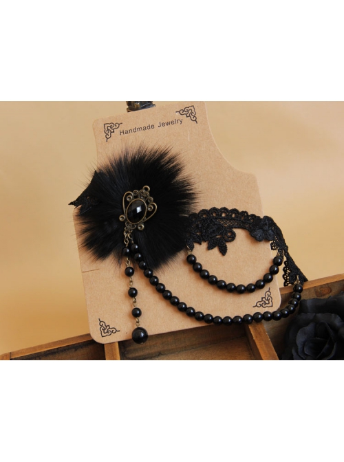 Prom Party Fashion Retro Gothic Black Lace Fox Fur Pearl Female Choker