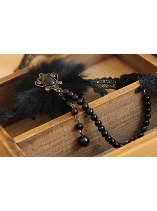 Prom Party Fashion Retro Gothic Black Lace Fox Fur Pearl Female Choker