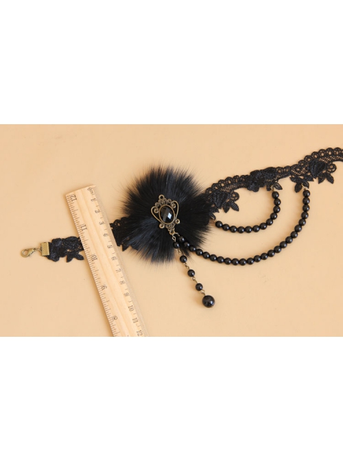 Prom Party Fashion Retro Gothic Black Lace Fox Fur Pearl Female Choker
