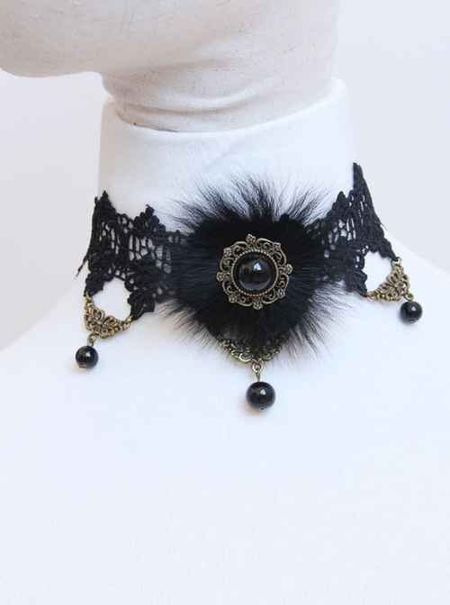 Retro Gothic Fox Fur Luxury Black Fashion Lace Flower Pearl Female Choker