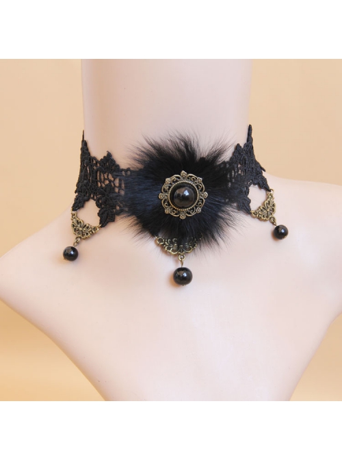 Retro Gothic Fox Fur Luxury Black Fashion Lace Flower Pearl Female Choker