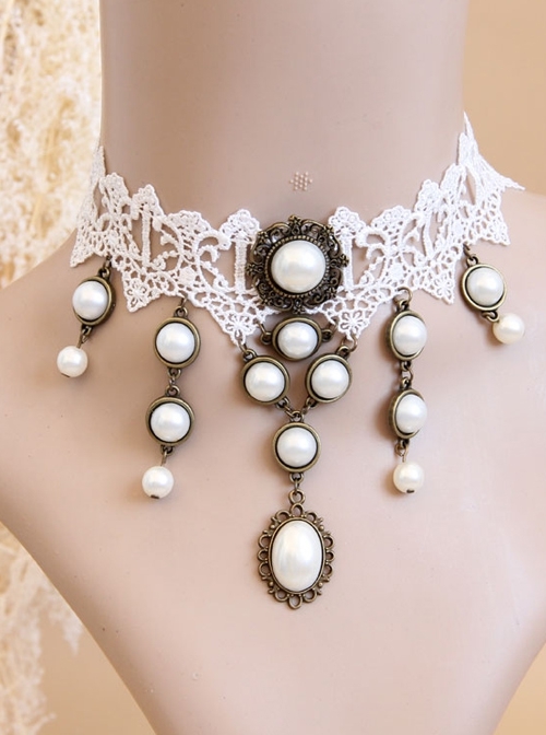 Bride Fashion Baroque Retro Individuality White Pearl Lace Female Choker