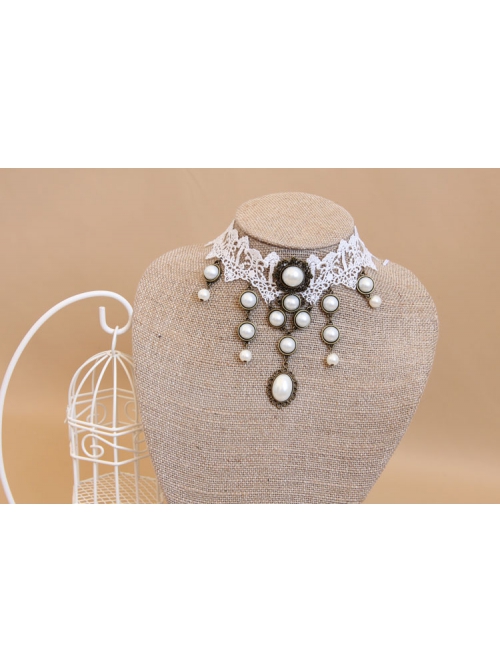 Bride Fashion Baroque Retro Individuality White Pearl Lace Female Choker