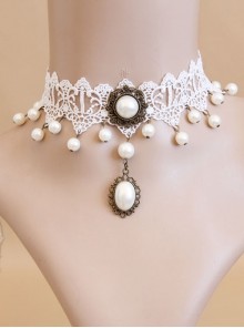 Lolita Retro Fashion Baroque Bride Bridesmaid White Lace Pearl Female Choker