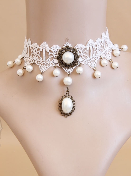 Lolita Retro Fashion Baroque Bride Bridesmaid White Lace Pearl Female Choker