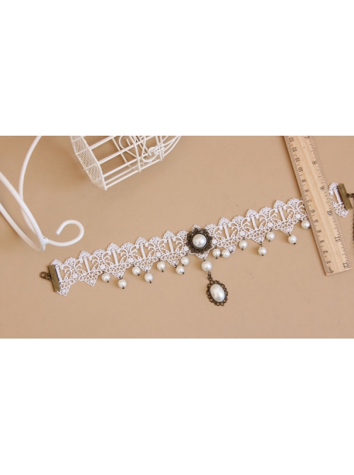 Lolita Retro Fashion Baroque Bride Bridesmaid White Lace Pearl Female Choker