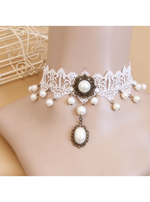 Lolita Retro Fashion Baroque Bride Bridesmaid White Lace Pearl Female Choker