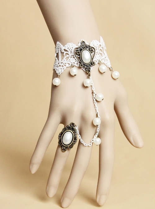 Bride Bridesmaid Wedding Dress Baroque Retro Fashion White Pearl Lace Female Bracelet With Ring One Chain