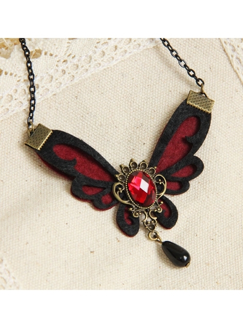 Gothic Fashion Red Butterfly Gemstone Black Pearl All-Match Retro Handmade Female Necklace