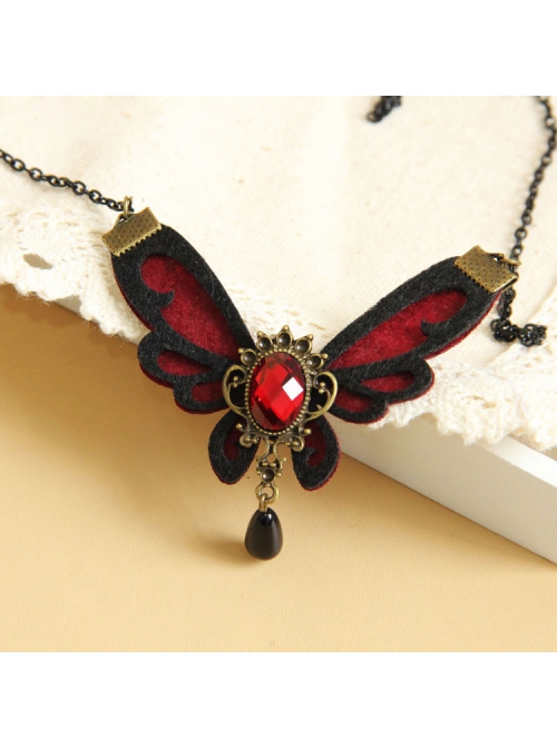 Gothic Fashion Red Butterfly Gemstone Black Pearl All-Match Retro Handmade Female Necklace