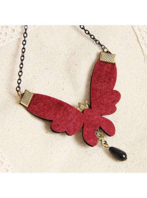 Gothic Fashion Red Butterfly Gemstone Black Pearl All-Match Retro Handmade Female Necklace