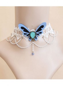 Retro Baroque Bride Wedding Blue Butterfly Fashion White Lace Female Choker
