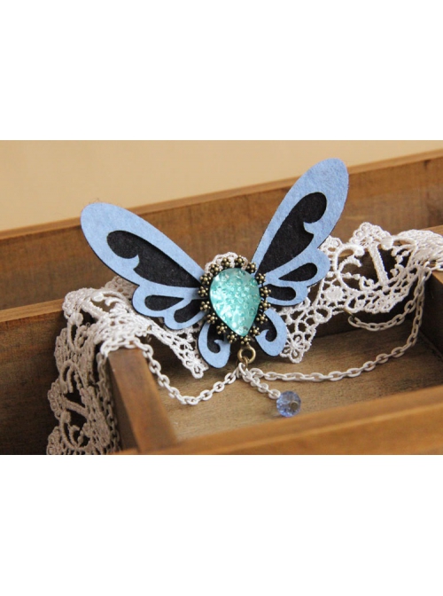 Retro Baroque Bride Wedding Blue Butterfly Fashion White Lace Female Choker