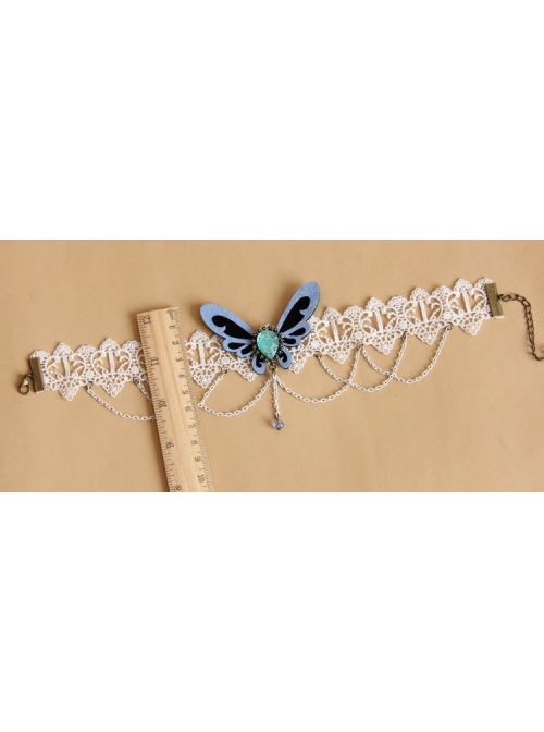 Retro Baroque Bride Wedding Blue Butterfly Fashion White Lace Female Choker