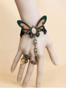 Fashion Retro Personality Brown Butterfly Black Lace Female Bracelet With Ring One Chain