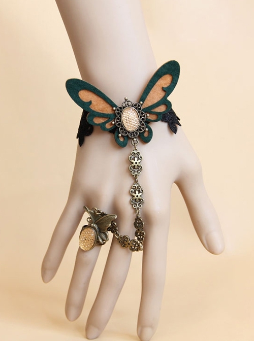Fashion Retro Personality Brown Butterfly Black Lace Female Bracelet With Ring One Chain
