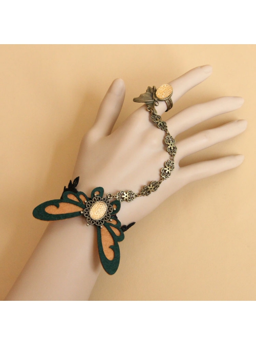 Fashion Retro Personality Brown Butterfly Black Lace Female Bracelet With Ring One Chain